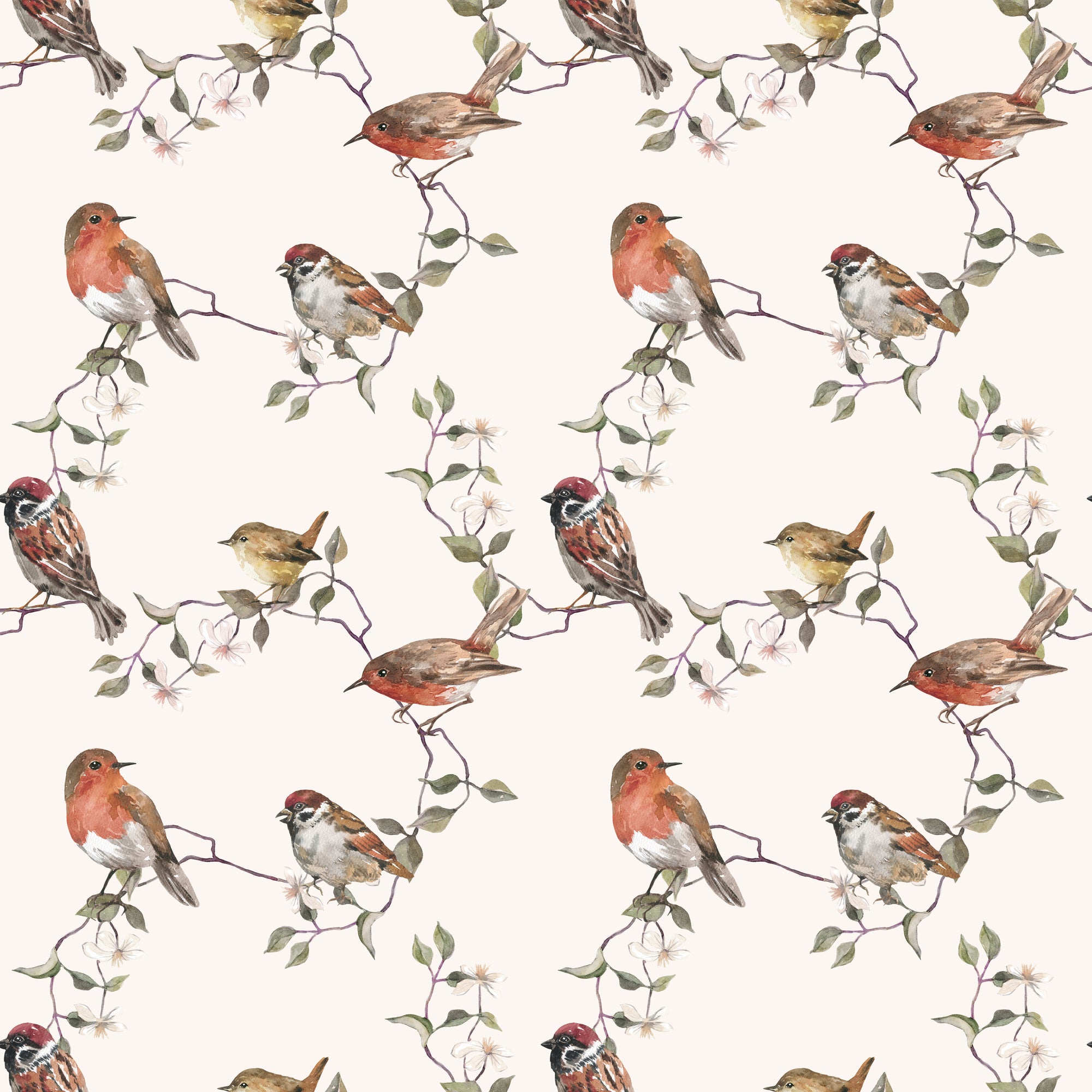 botanical birds wallpaper, premium peel & stick, beige, beige; dark-blue; dusty-rose, wallpaper decor