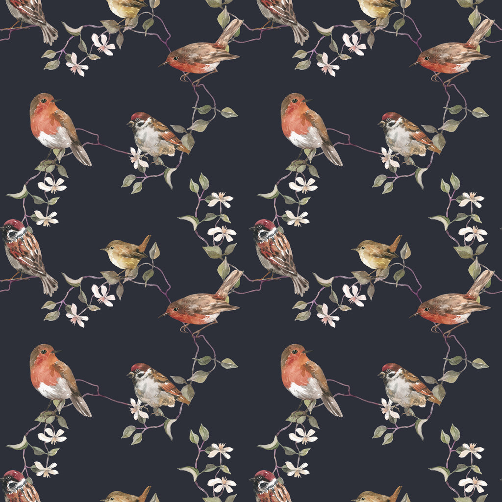 botanical birds wallpaper, premium peel & stick, dark-blue, home decor