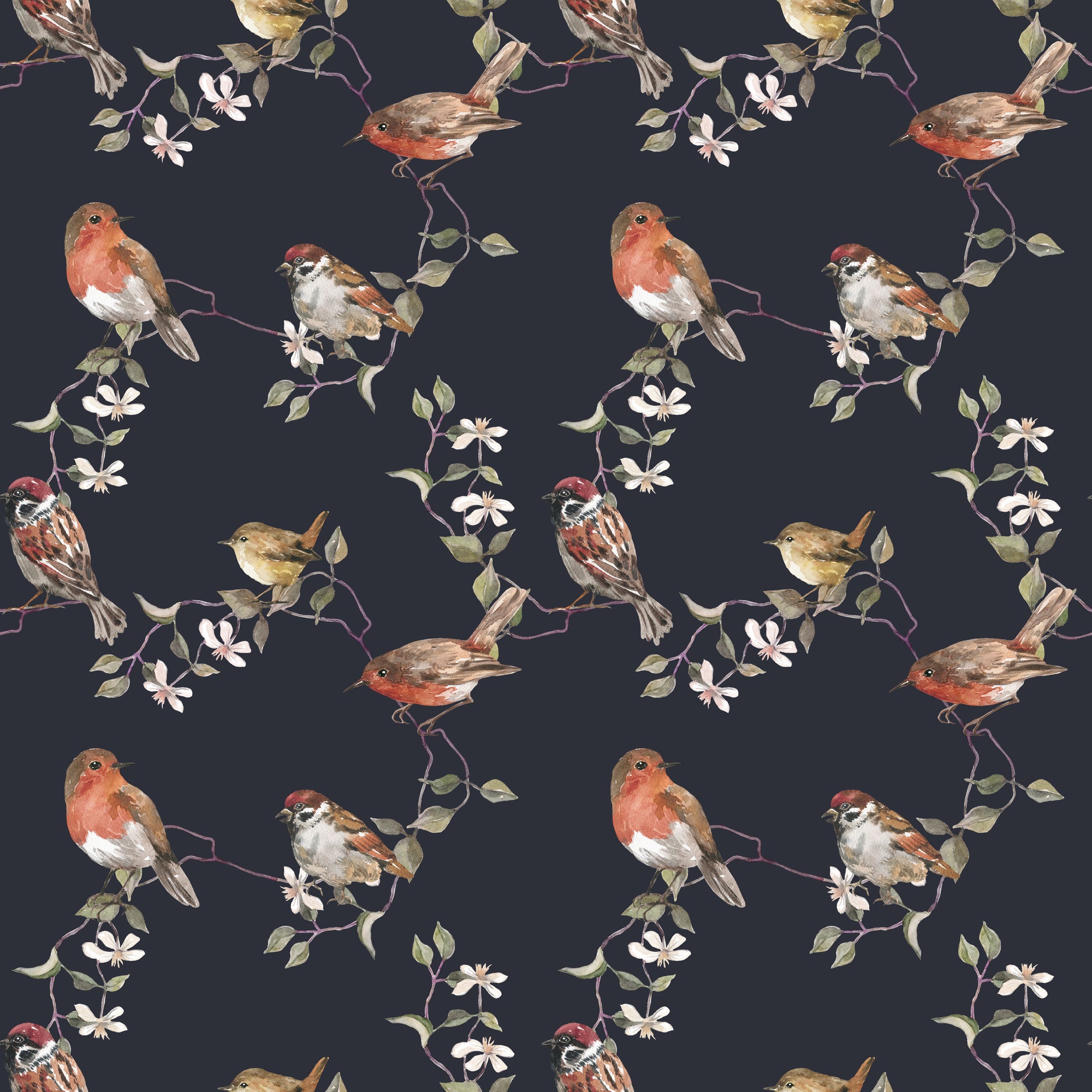 botanical birds wallpaper, premium peel & stick, dark-blue, home decor