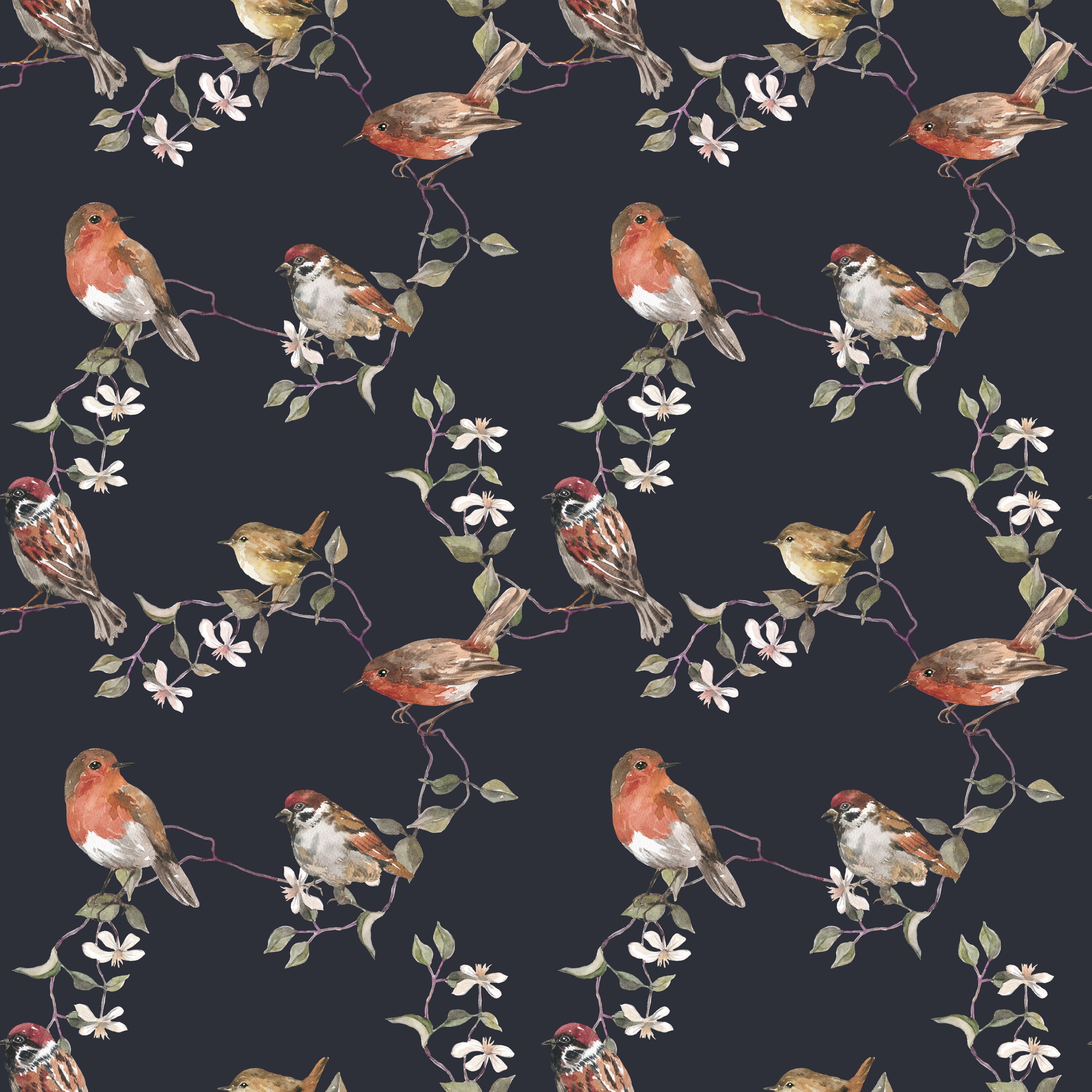 botanical birds wallpaper, premium peel & stick, dark-blue, home decor
