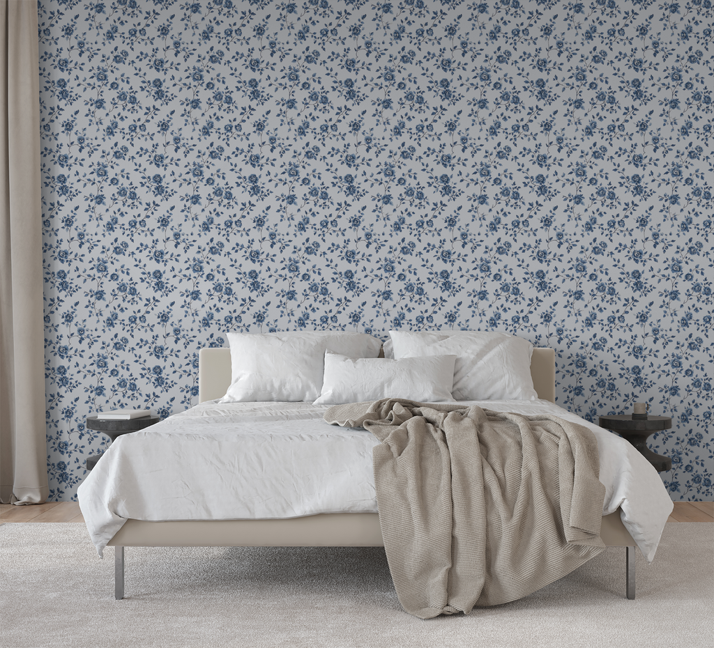 Blue Toile Floral Wallpaper