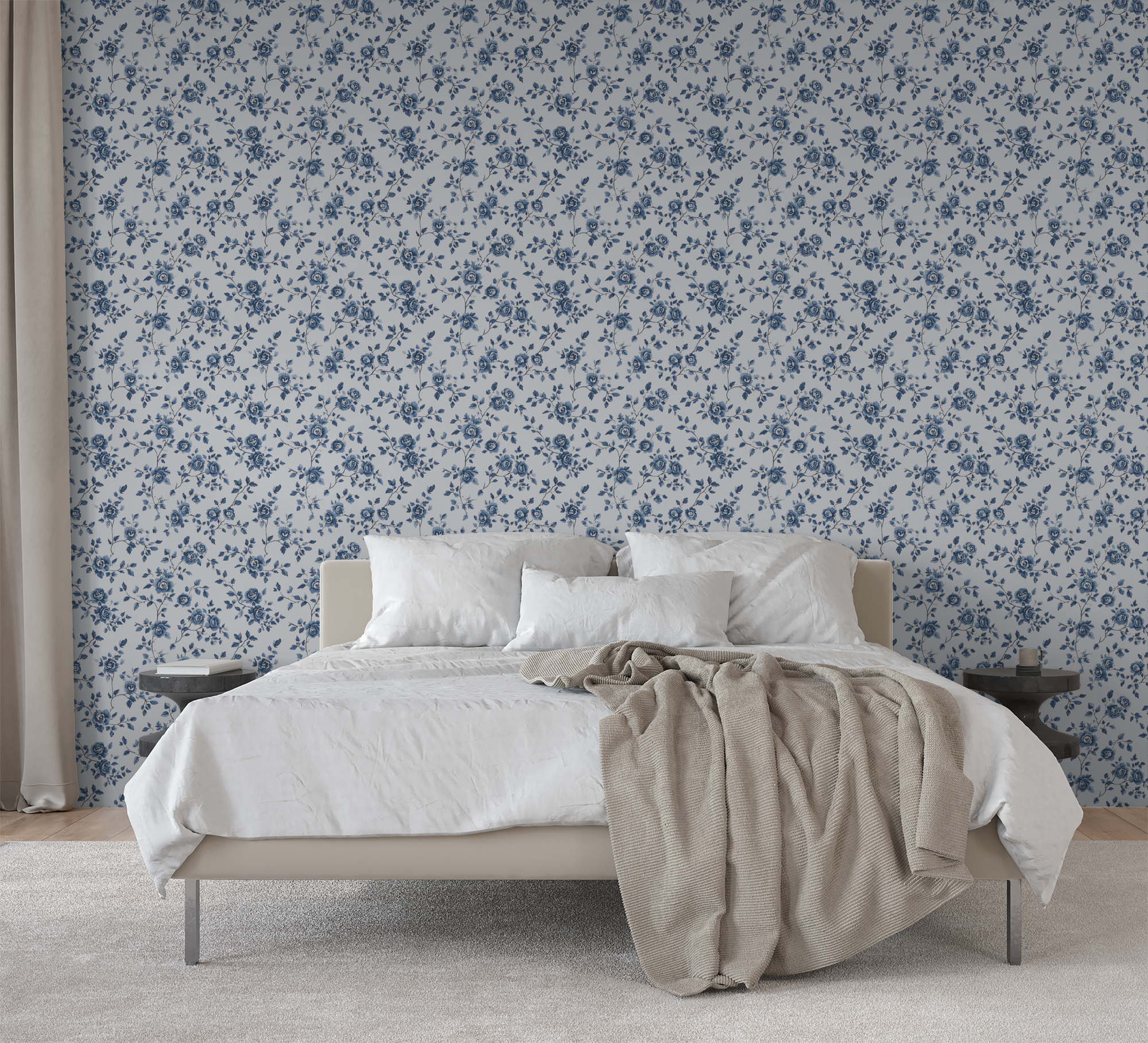 Blue Toile Floral Wallpaper