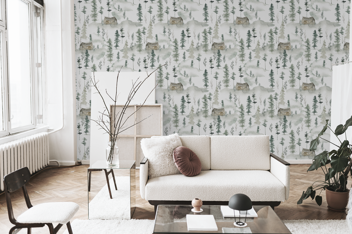 Living room with a white sofa, coffee table, and decorative elements against a forest-themed wallpaper.