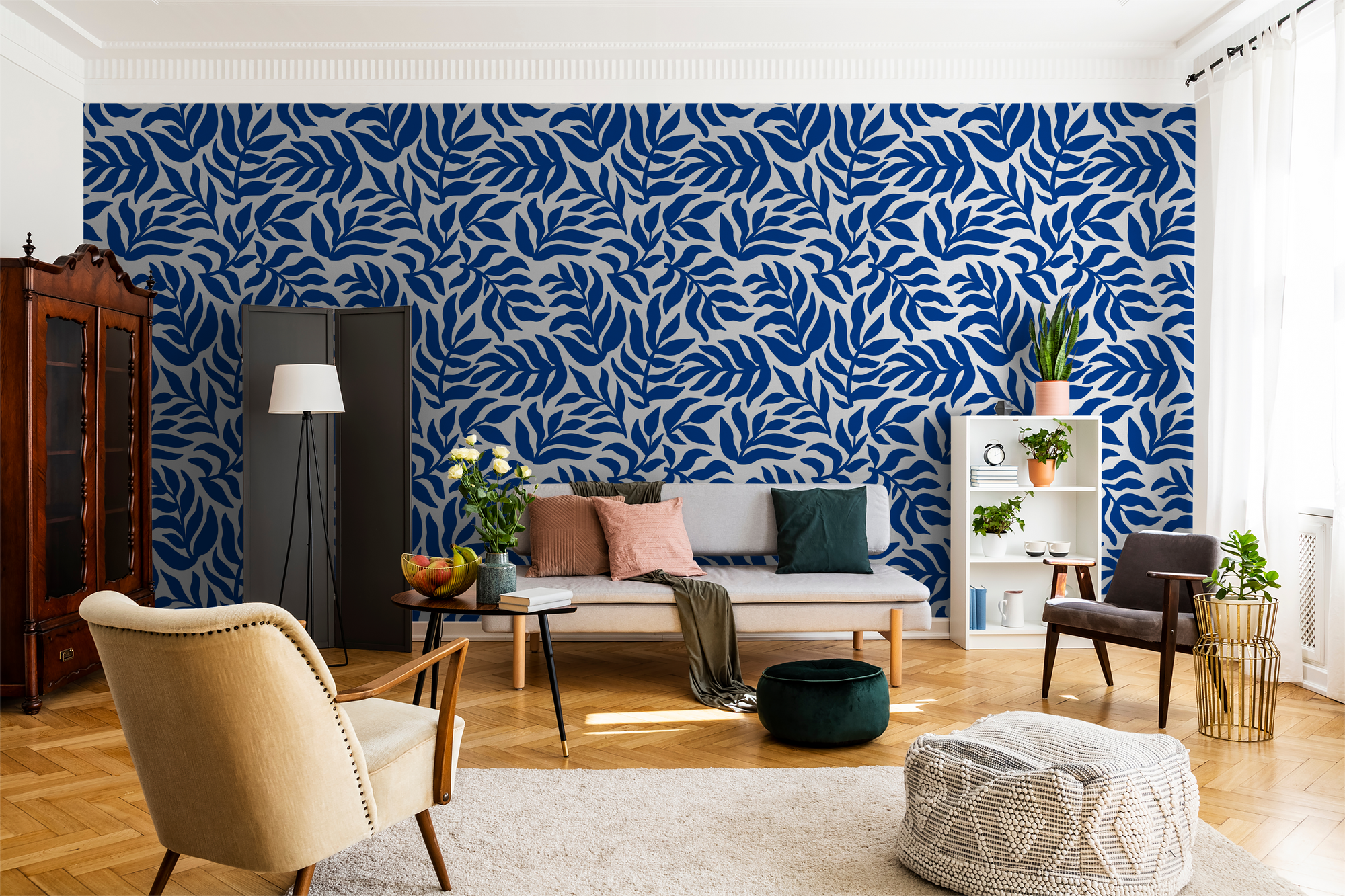 Blue Bold Tropical Leaf Wallpaper