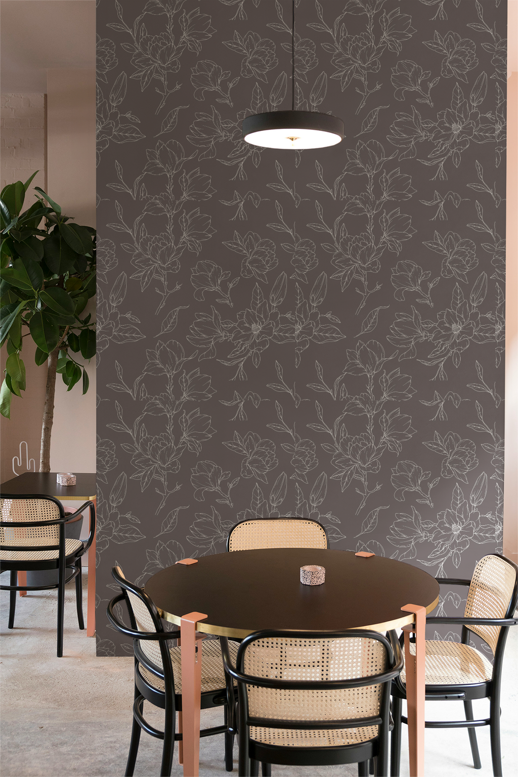 Taupe with White Magnolia Floral Wallpaper
