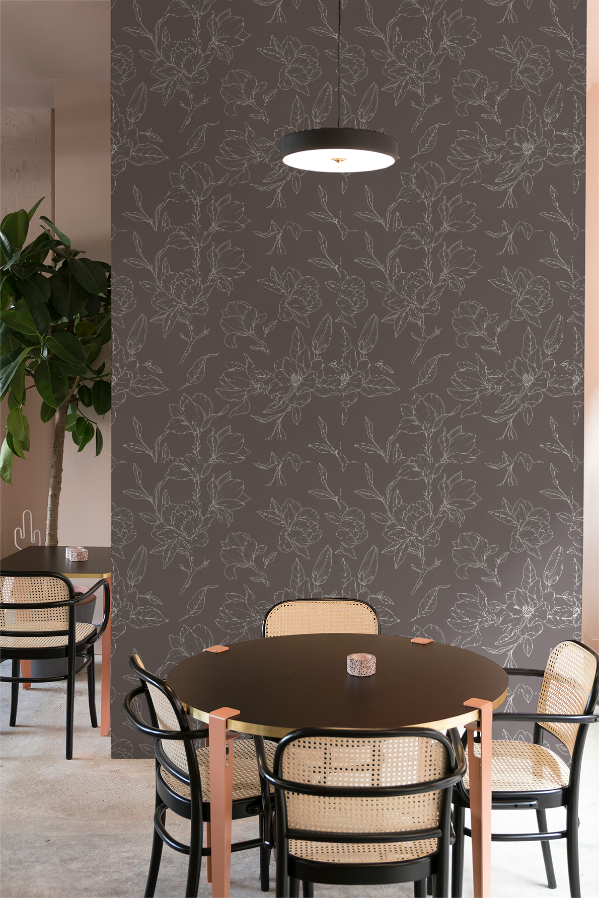 Taupe with White Magnolia Floral Wallpaper