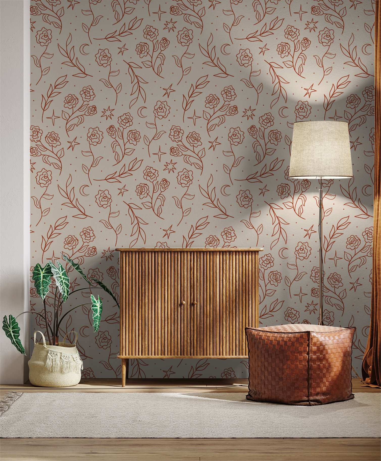 Beige with Rust Red Floral Wallpaper