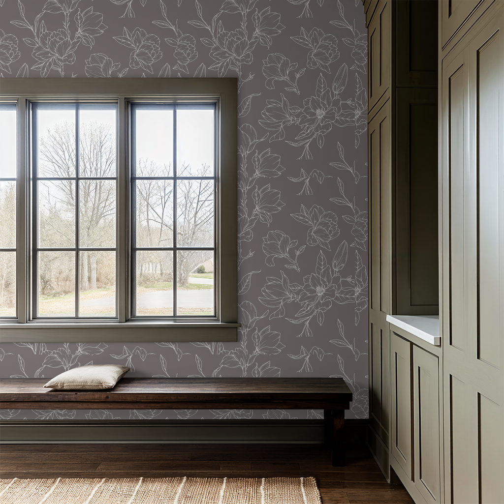 Taupe with White Magnolia Floral Wallpaper