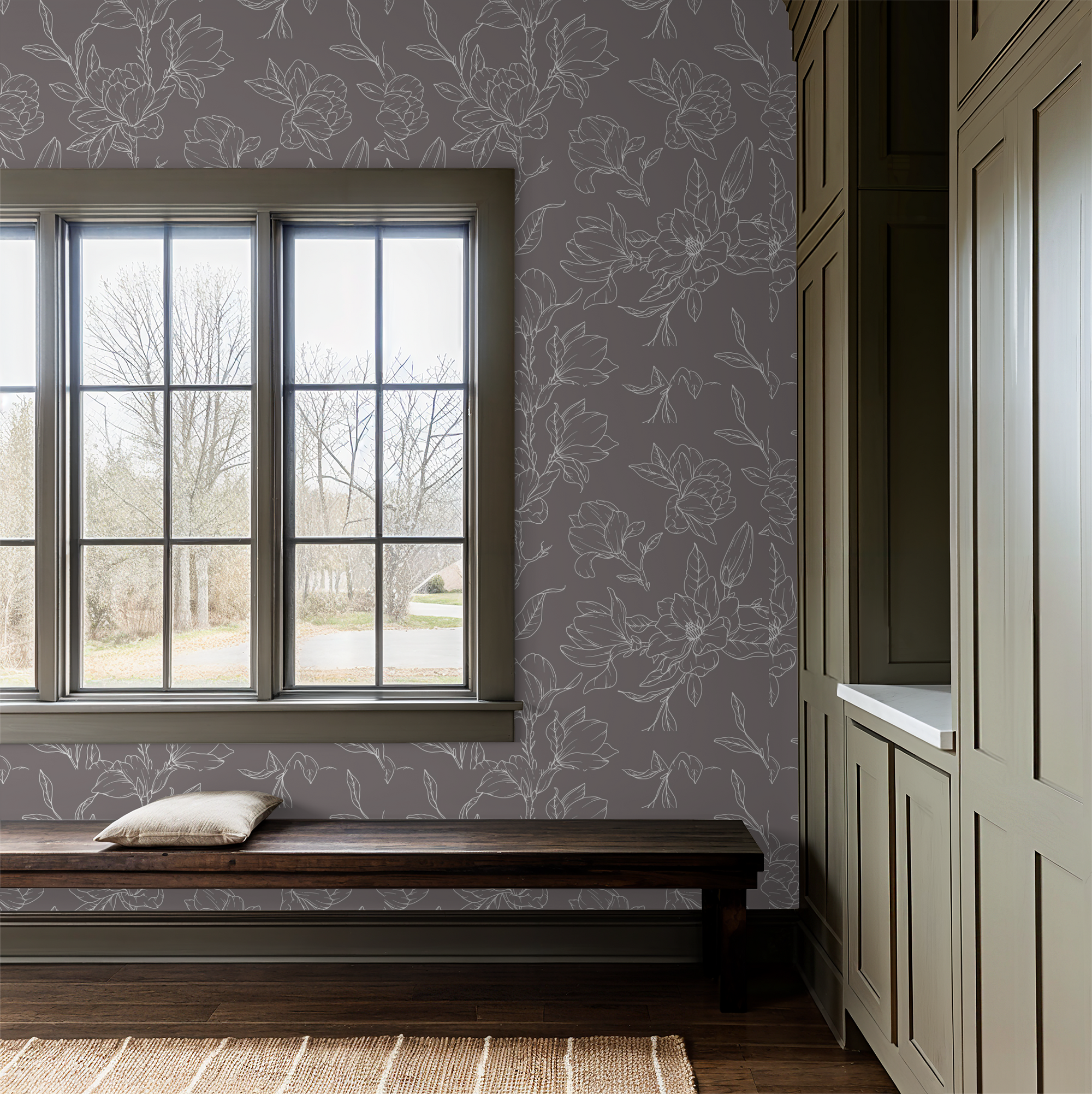 Taupe with White Magnolia Floral Wallpaper
