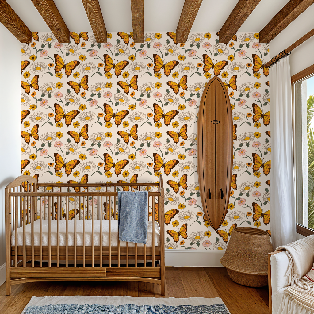 retro garden wallpaper, premium peel & stick, 2x4 feet 24 inches x 48 inches, home decor