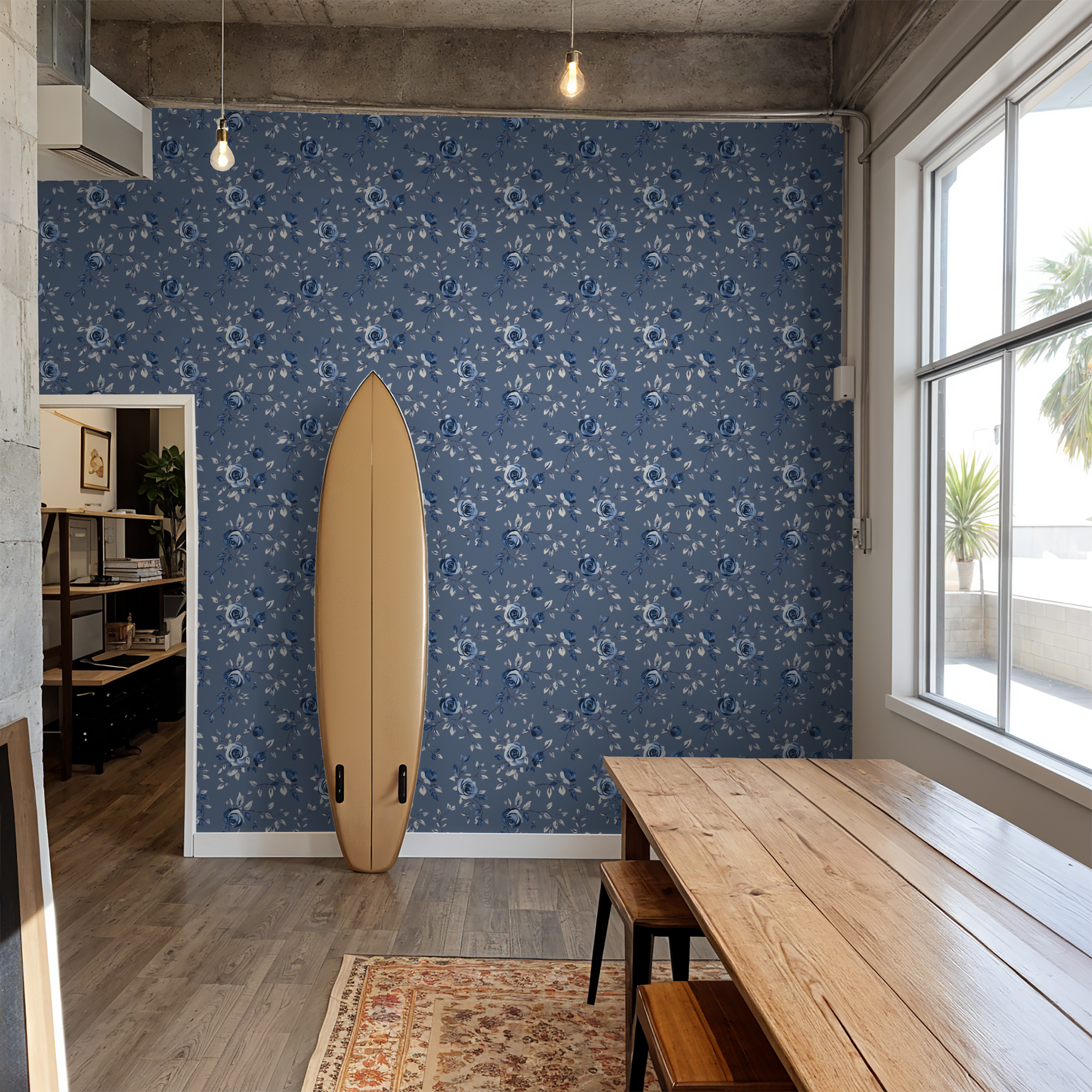 Blue Floral Damask Toile Wallpaper