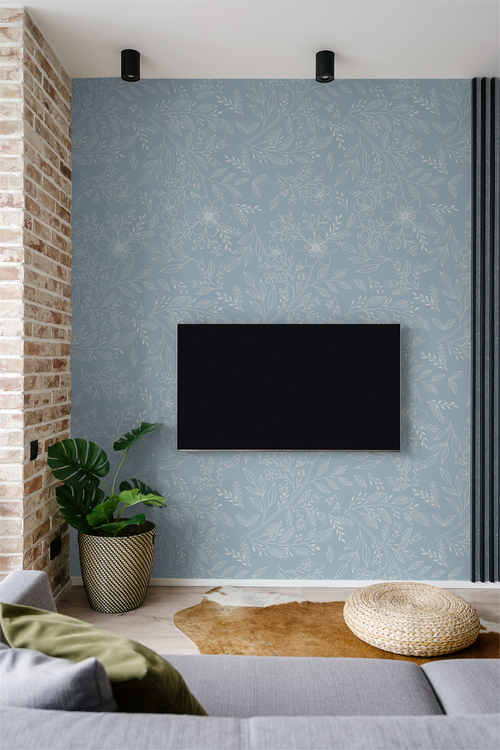 Blue Floral Line Art Wallpaper