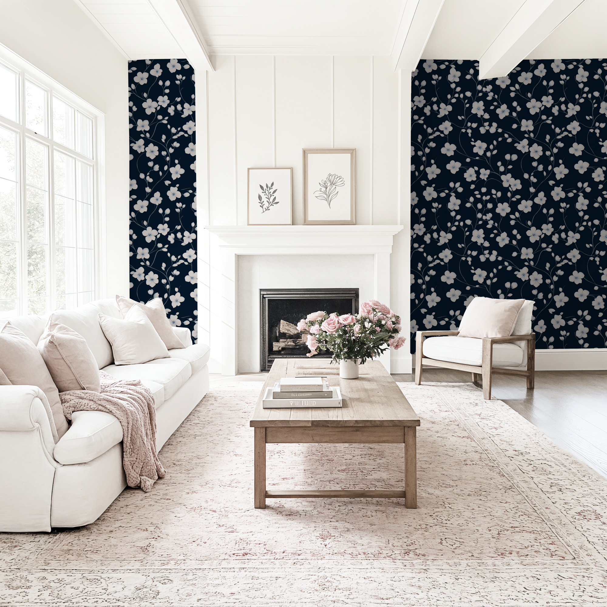 Navy Blue Floral Wallpaper