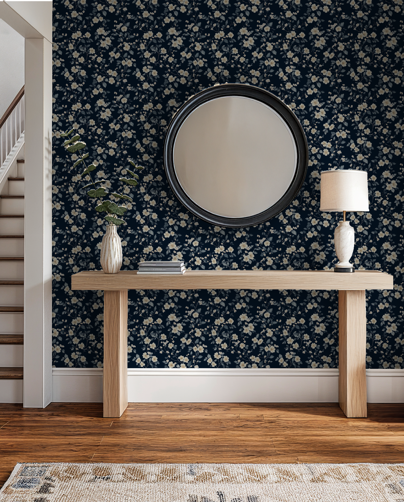 Navy Floral Vine Wallpaper