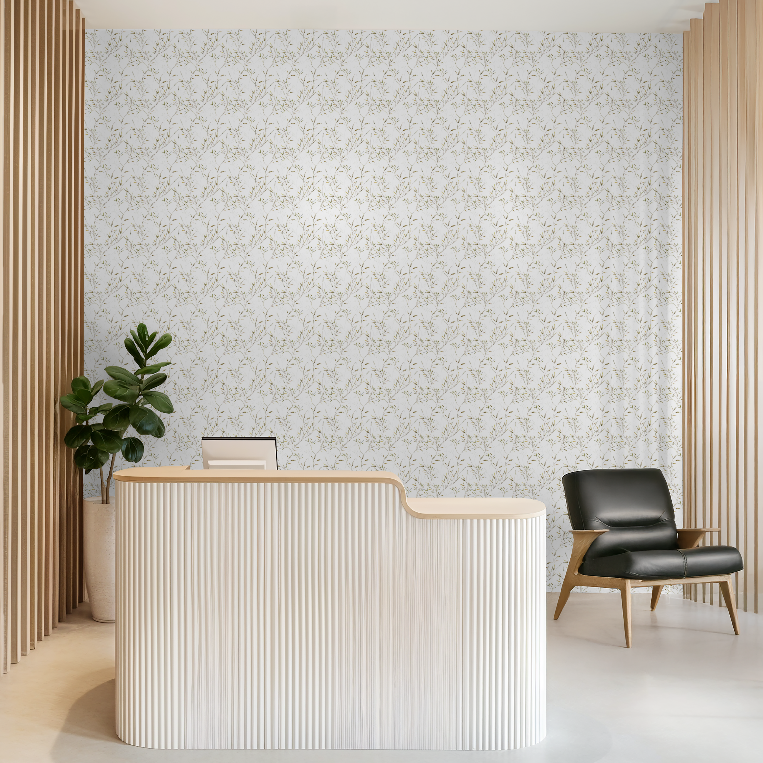 Modern interior with a reception desk and black chair against a patterned wall.