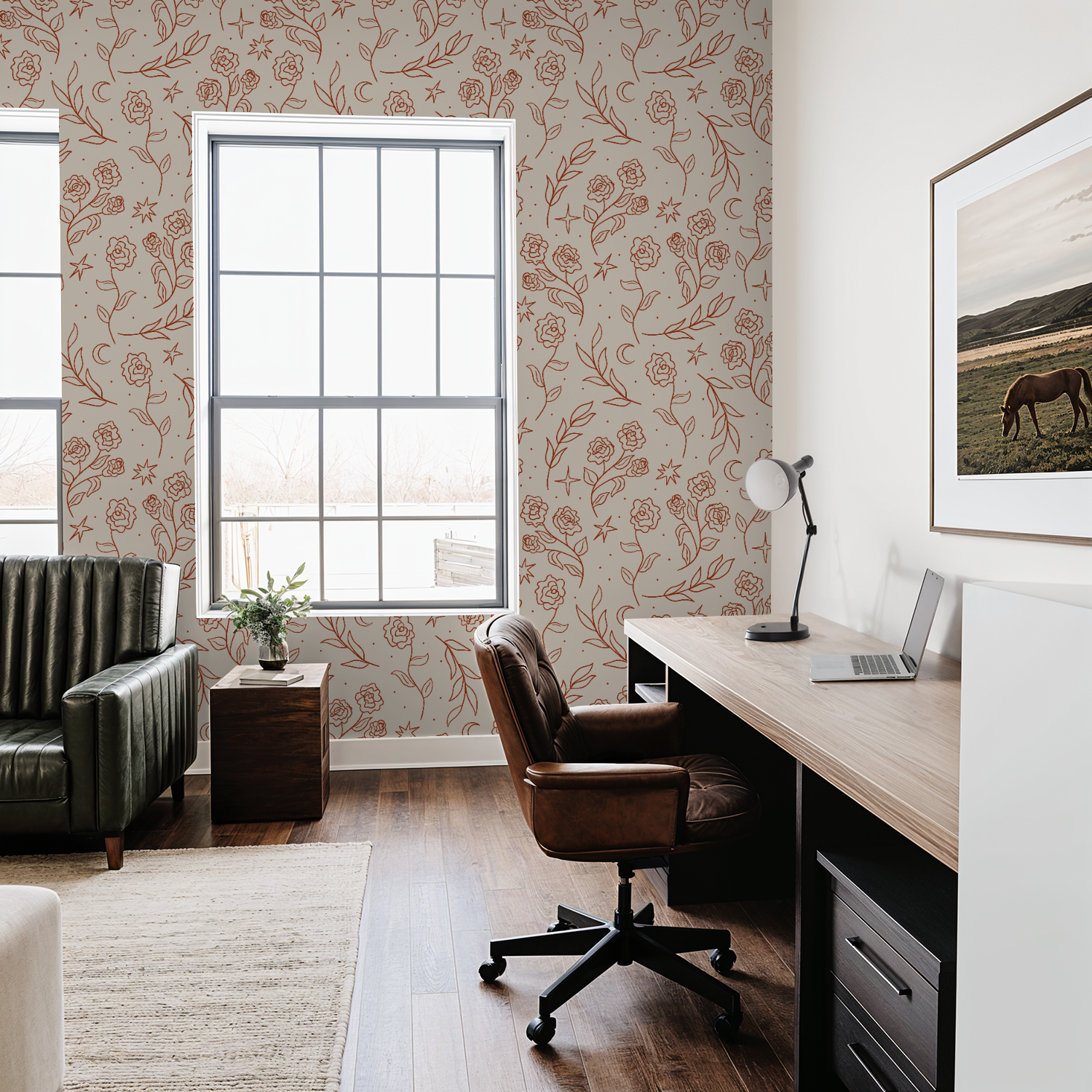 Beige with Rust Red Floral Wallpaper