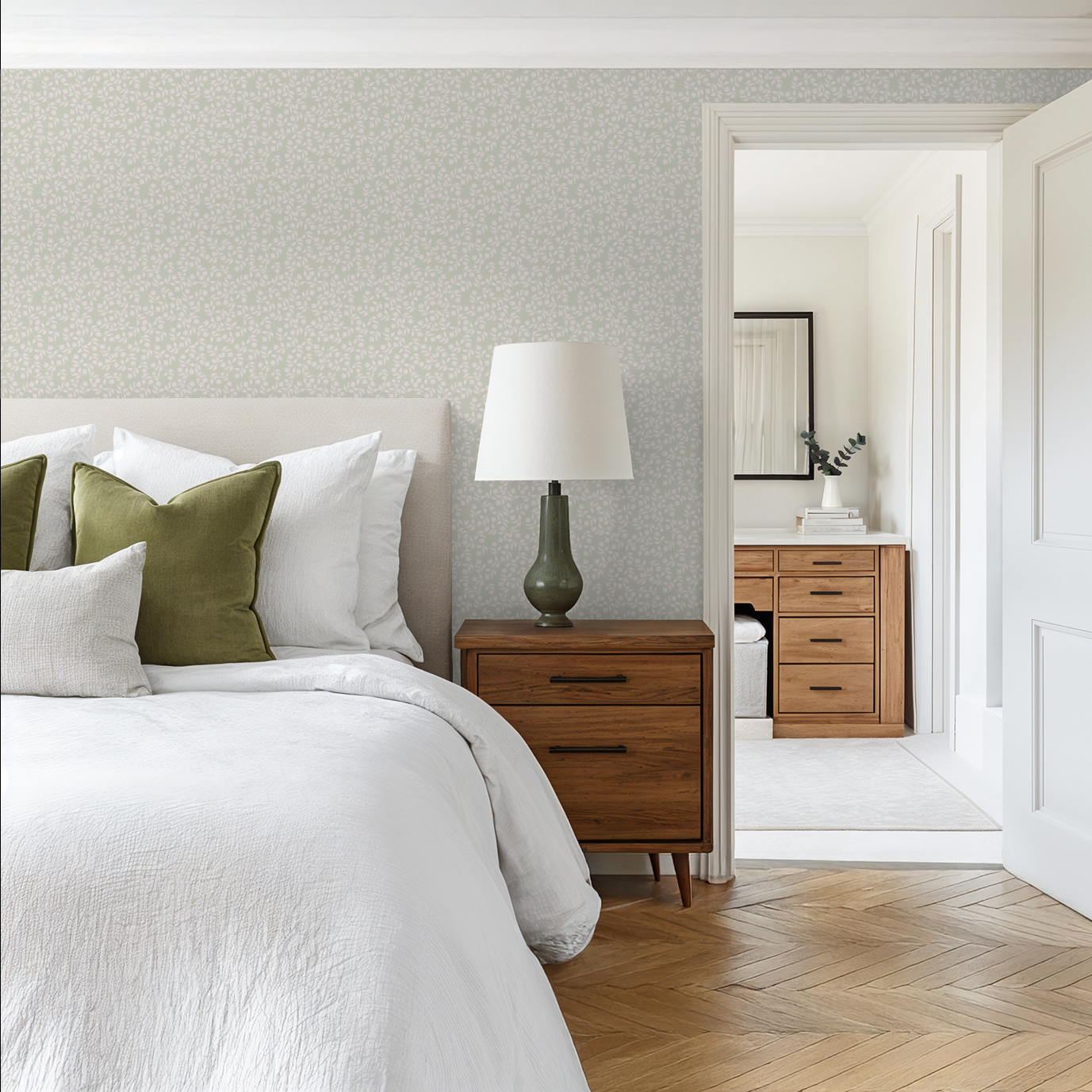 Modern bedroom with a bed, nightstand, and dresser.