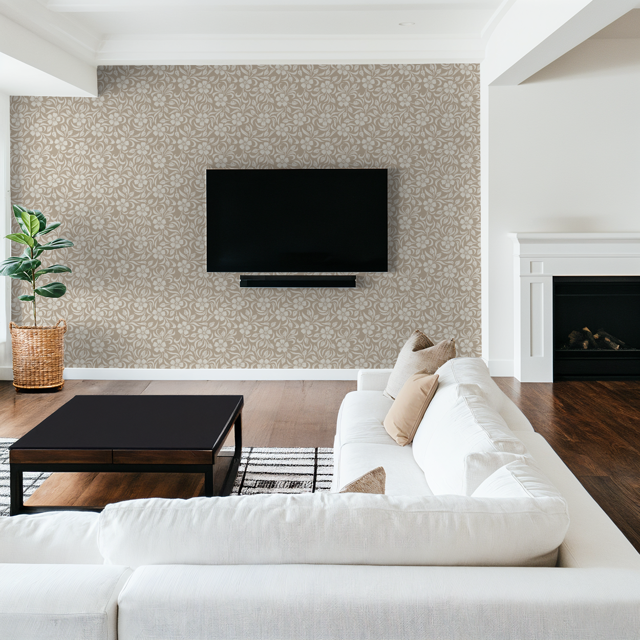 Beige Floral Damask Wallpaper