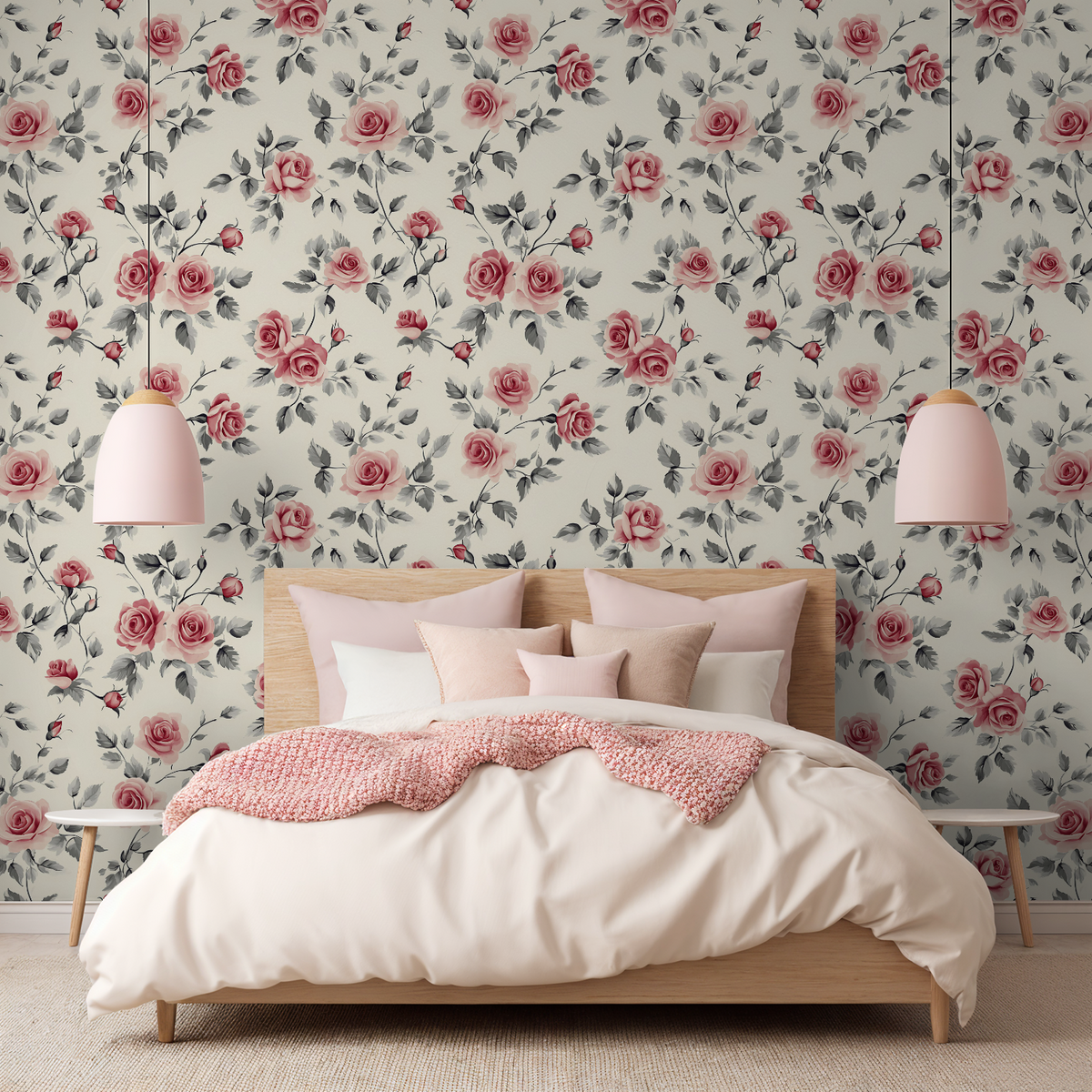 Bedroom with floral wallpaper, bed, and pink lamps.