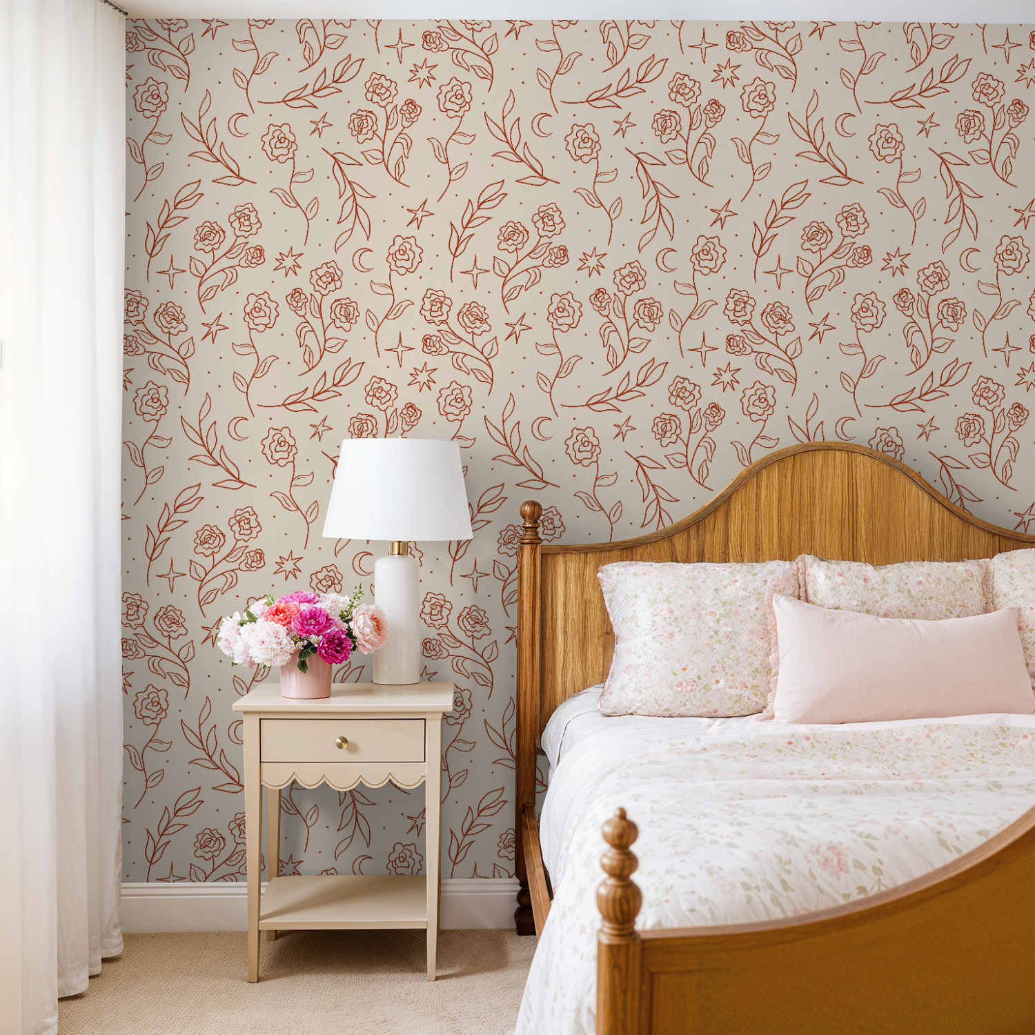 Beige with Rust Red Floral Wallpaper