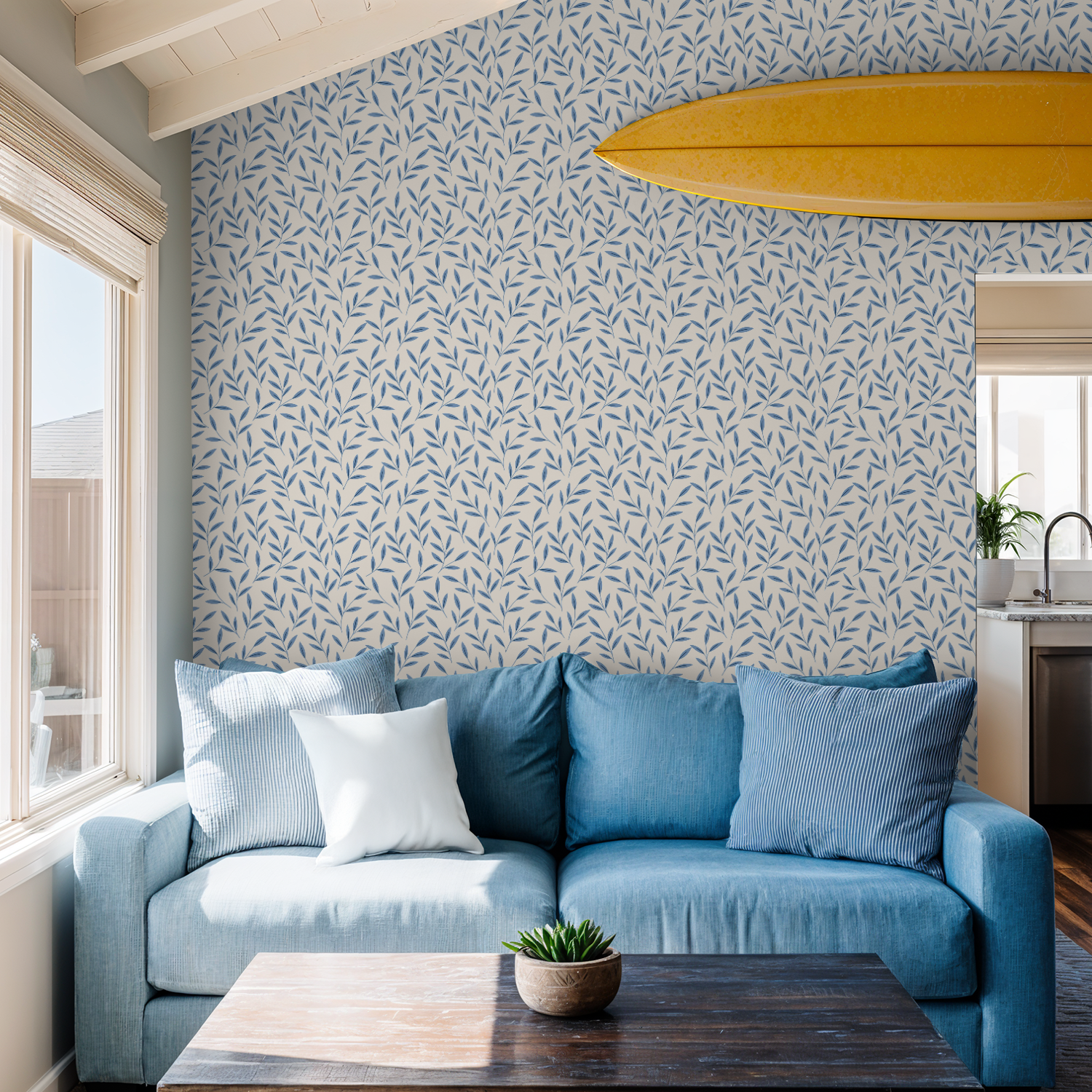 Blue Floral Leaf Wallpaper