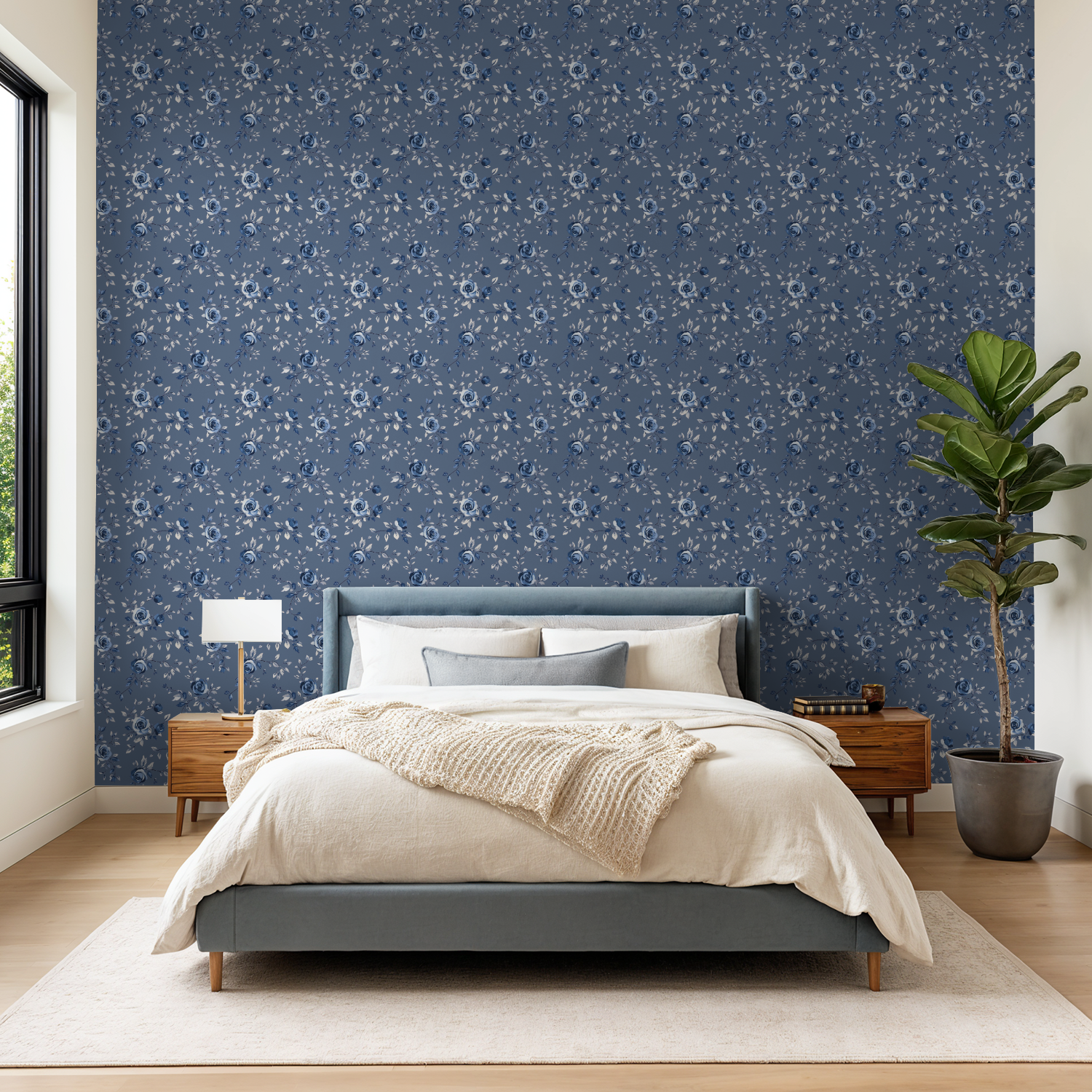 Blue Floral Damask Toile Wallpaper