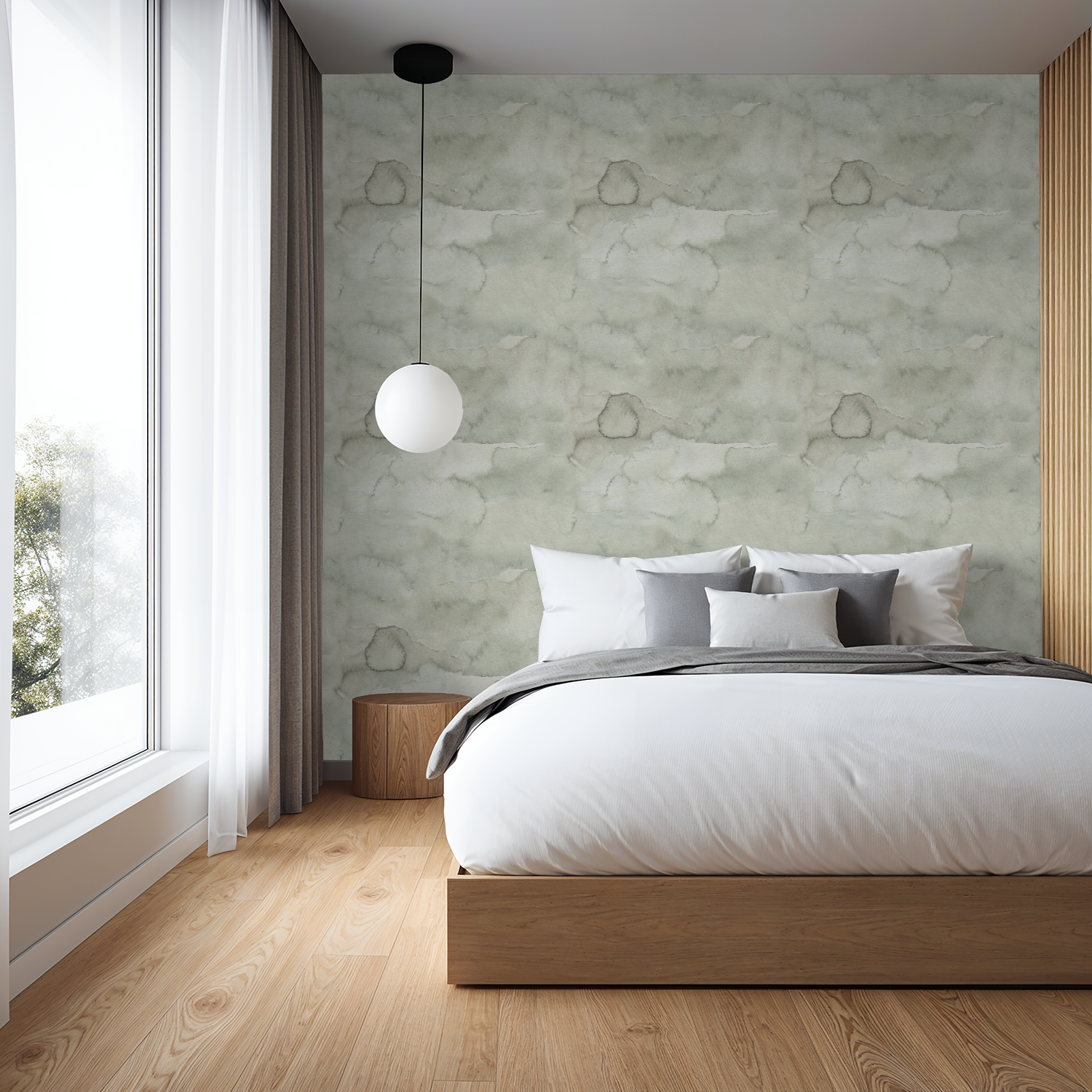 Modern bedroom with a bed, light green wall, and wooden floor.