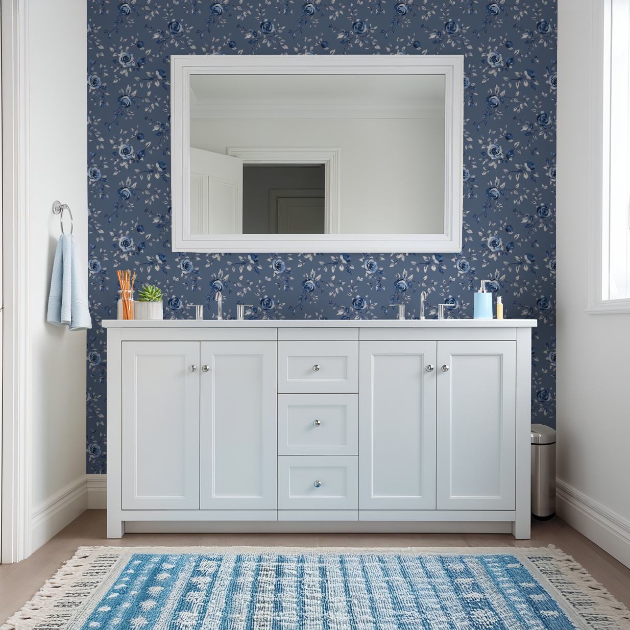 Blue Floral Damask Toile Wallpaper