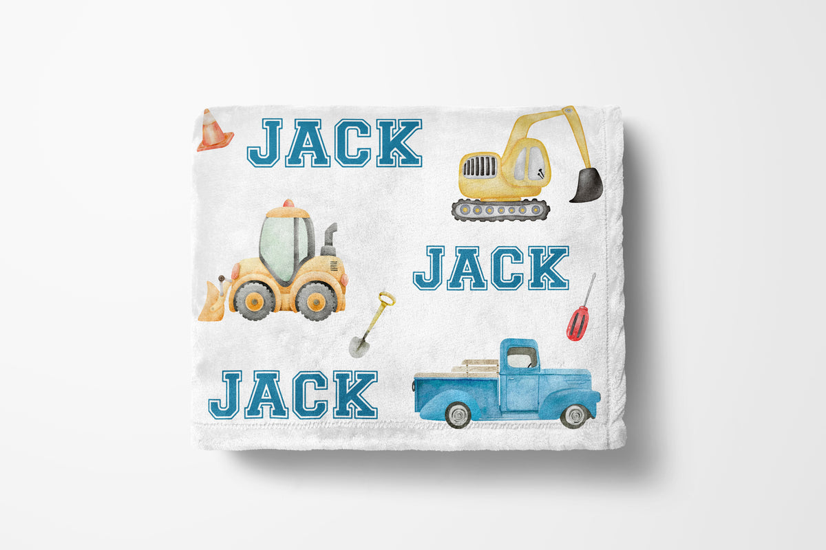personalized construction trucks kids blanket, light weight plush, baby 30 inches x 40 inches, home decor