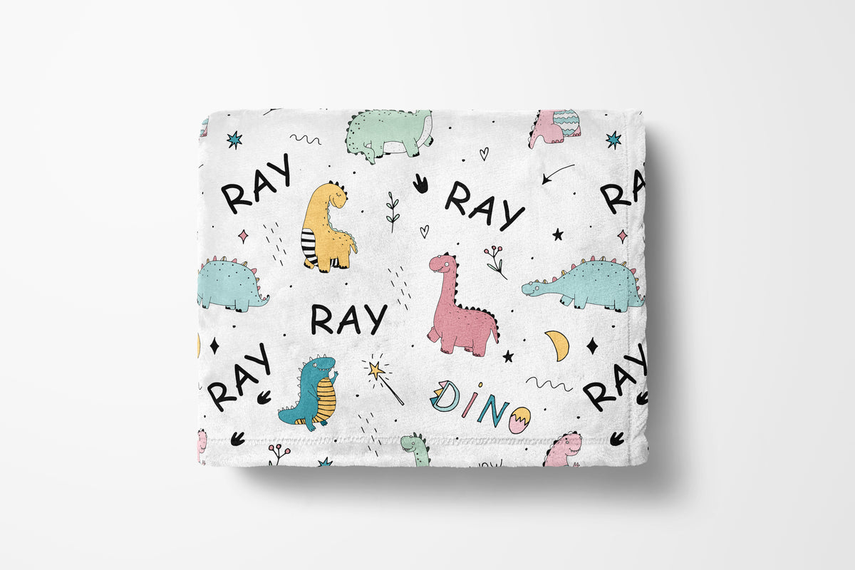 personalized colorful dinosaur kids blanket, light weight plush, baby 30 inches x 40 inches, home decor
