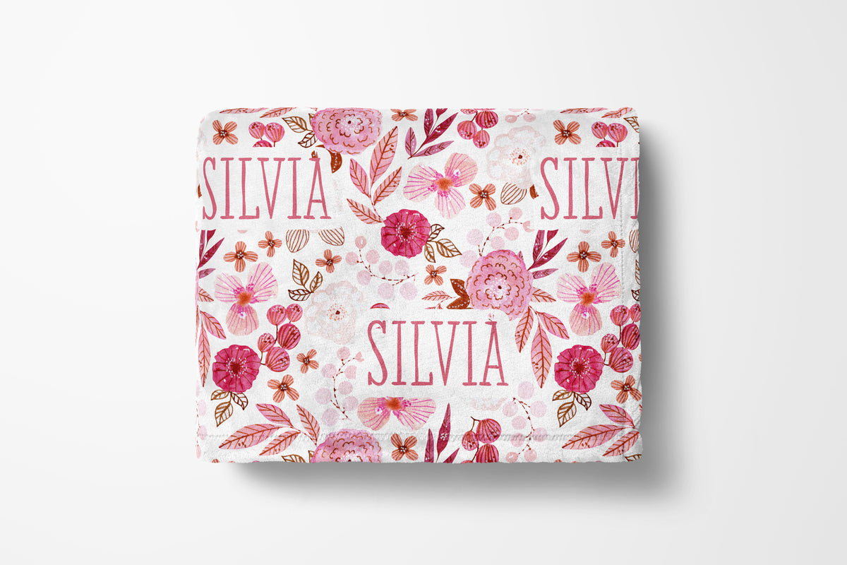 personalized pink botanical kids blanket, light weight plush, baby 30 inches x 40 inches, home decor