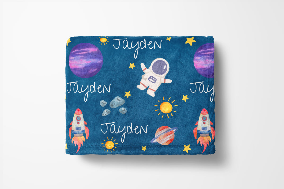 personalized astronaut kids blanket, light weight plush, baby 30 inches x 40 inches, blue, home decor