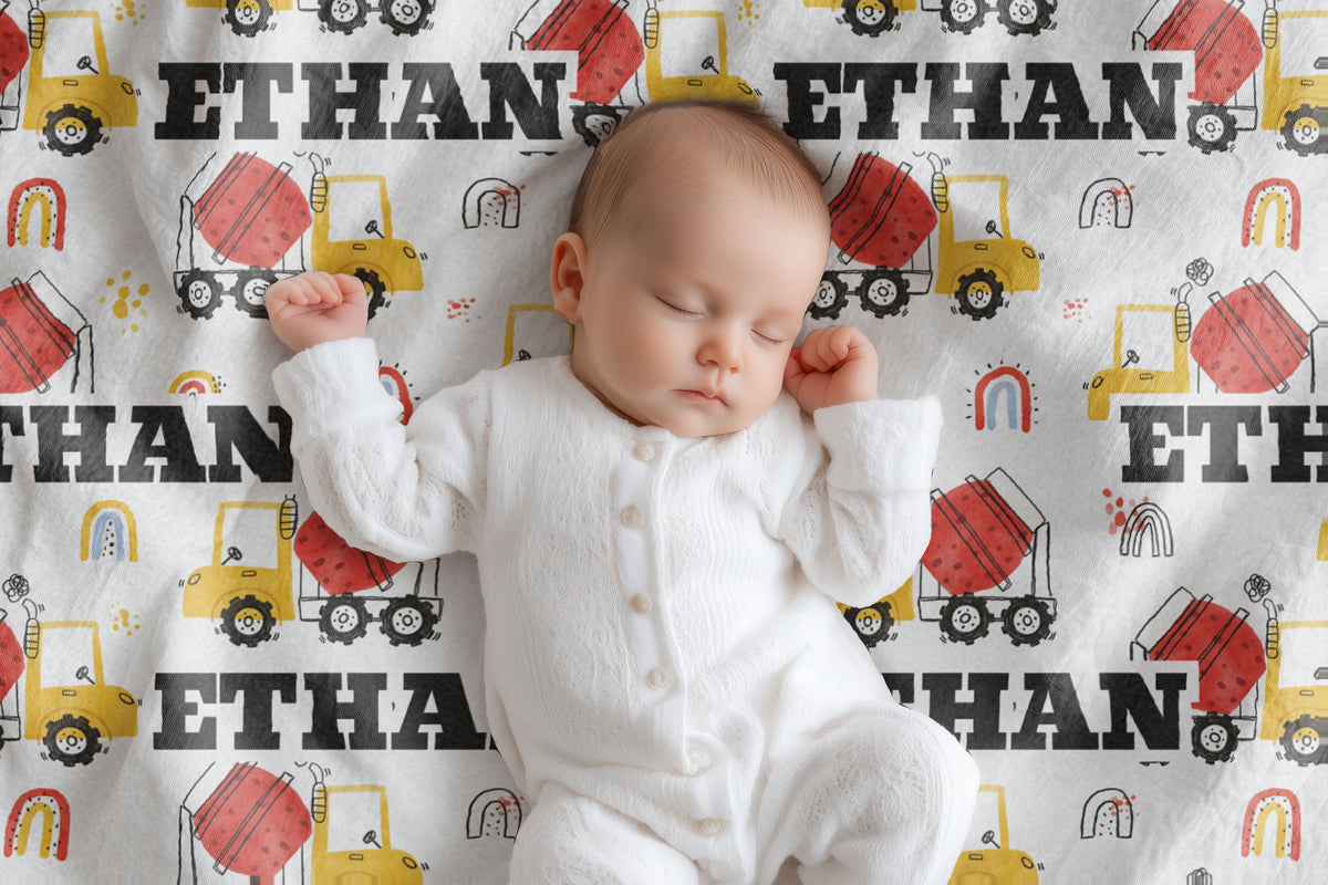 personalized construction rainbow baby and kids blanket, light weight plush, kids 50 inches x 60 inches, home decor