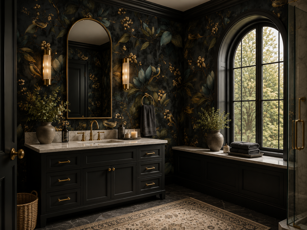 Bathroom with peel and stick wallpaper