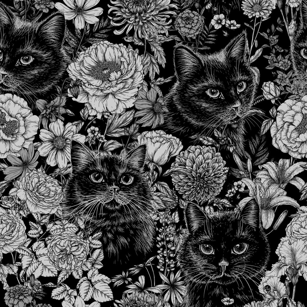 Black & White Floral Cat Wallpaper