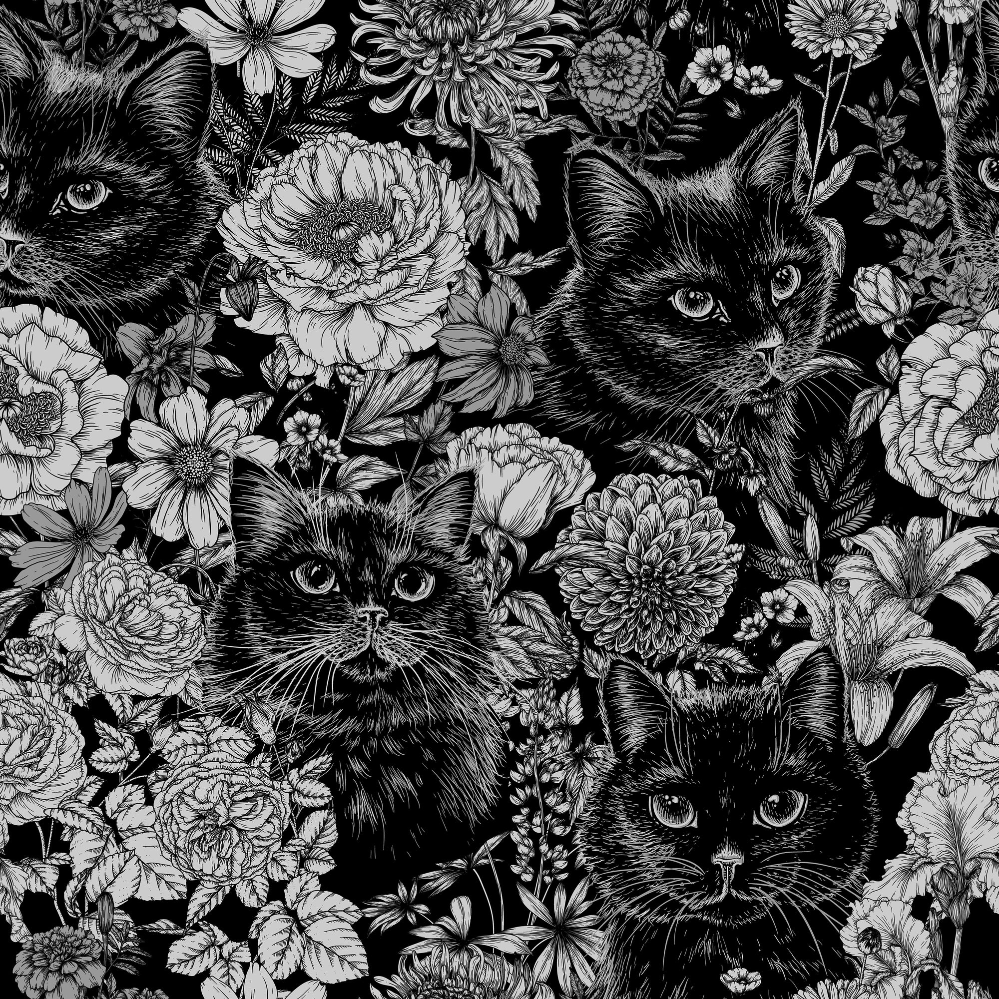 Black & White Floral Cat Wallpaper