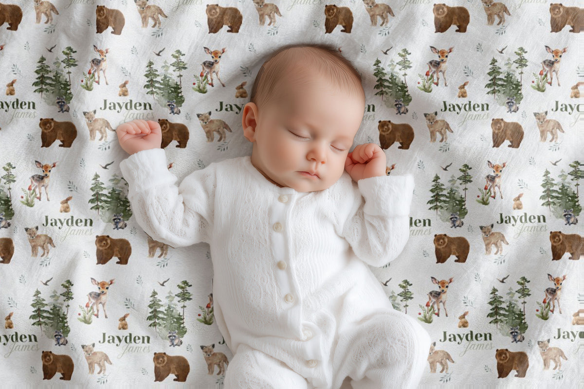 personalized woodland animal baby name custom blanket gift idea for baby newborn & kids, 30" x 40", light weight plush, brown; white, home decor