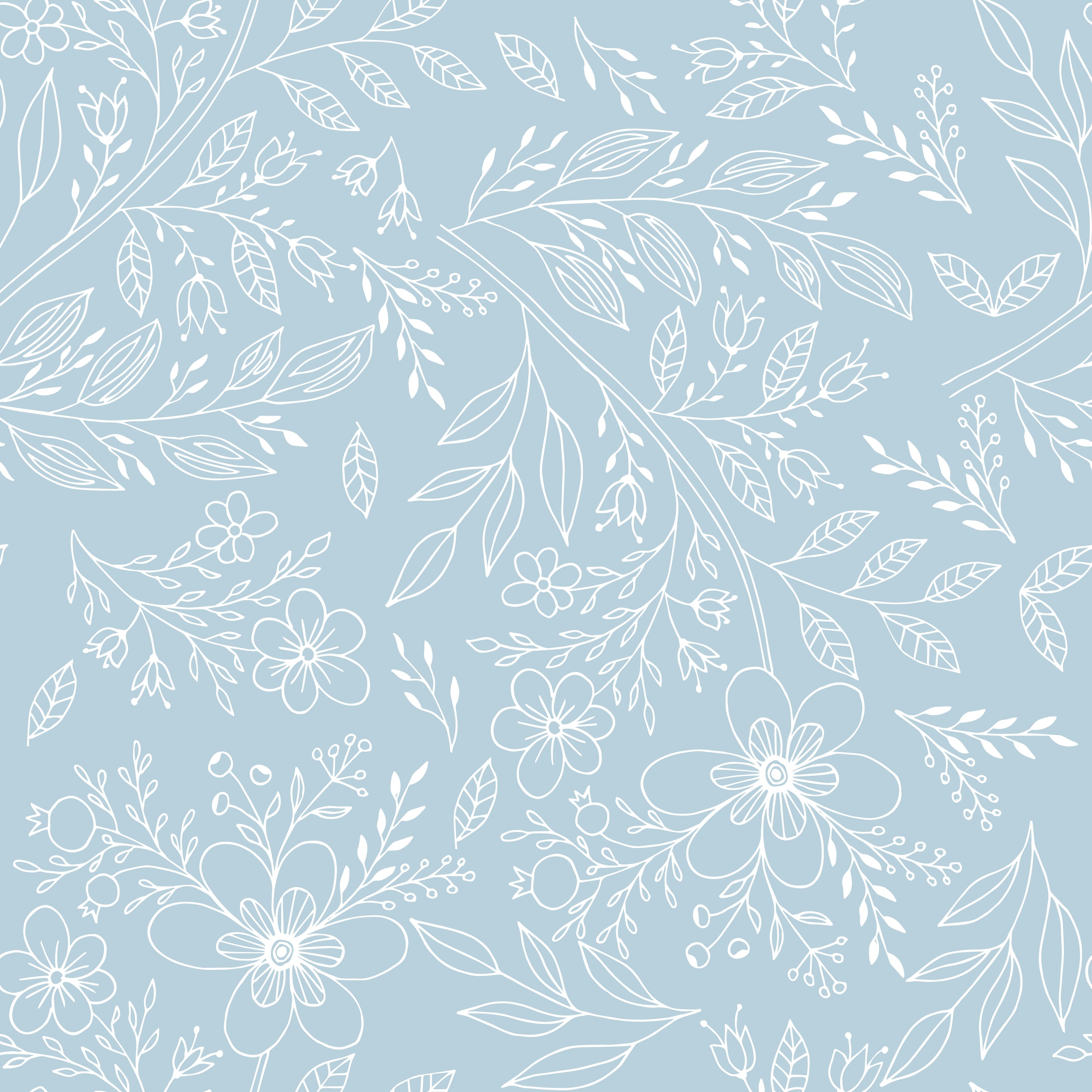 Blue Floral Line Art Wallpaper