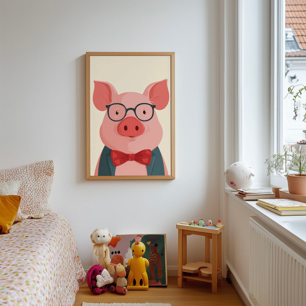 cute pig with glasses art print, poster, 8 inches x 10 inches, home decor
