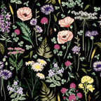 midnight meadow wallpaper, premium peel & stick, sample 12 inchesx12 inches, floral; black, wallpaper decor