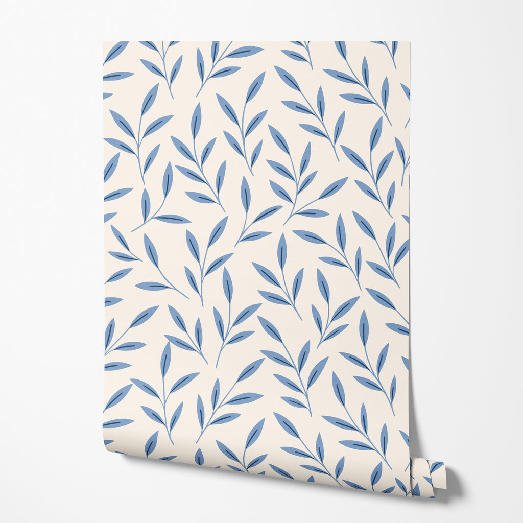 Blue Floral Leaf Wallpaper