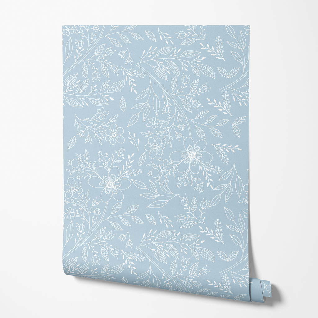 Blue Floral Line Art Wallpaper