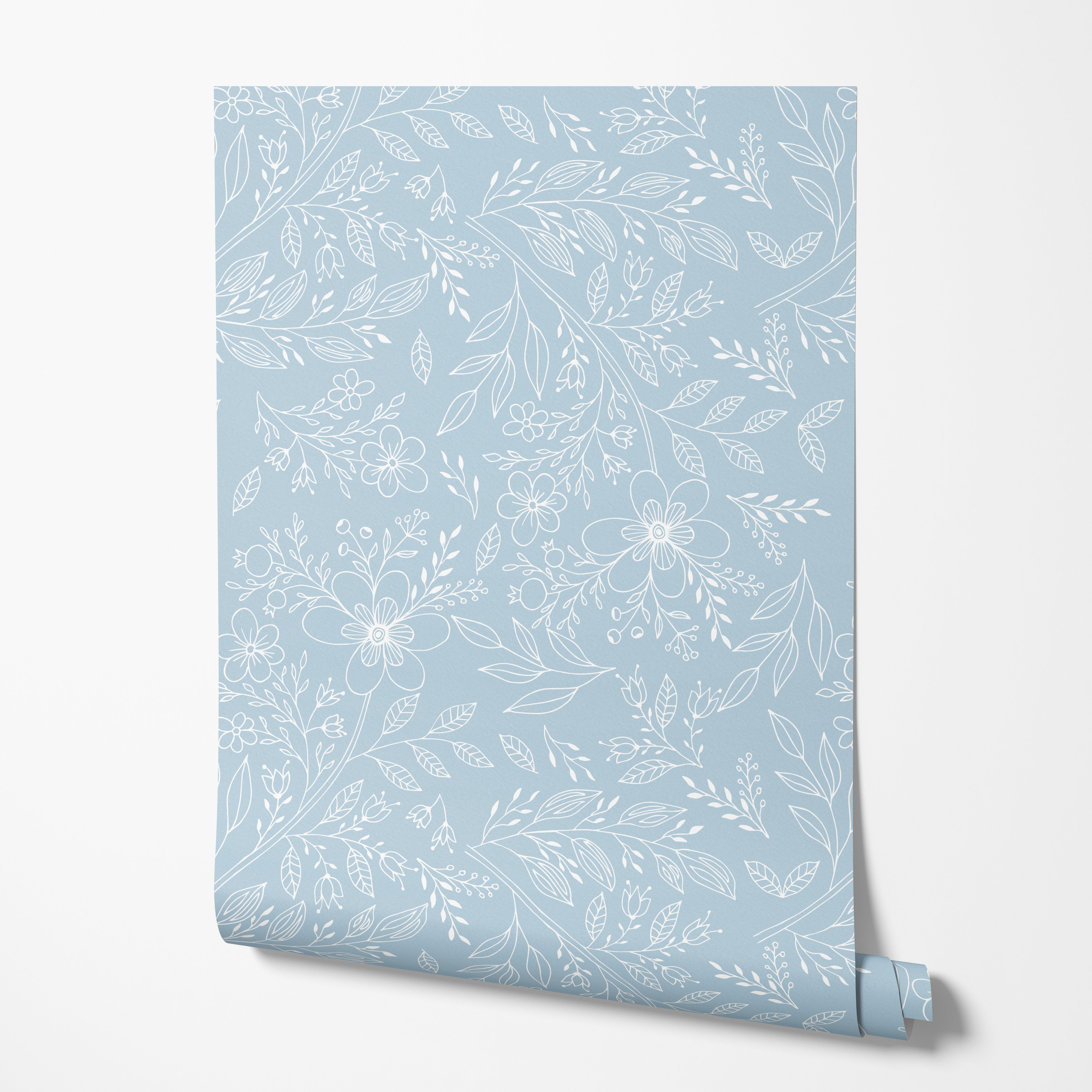 Blue Floral Line Art Wallpaper