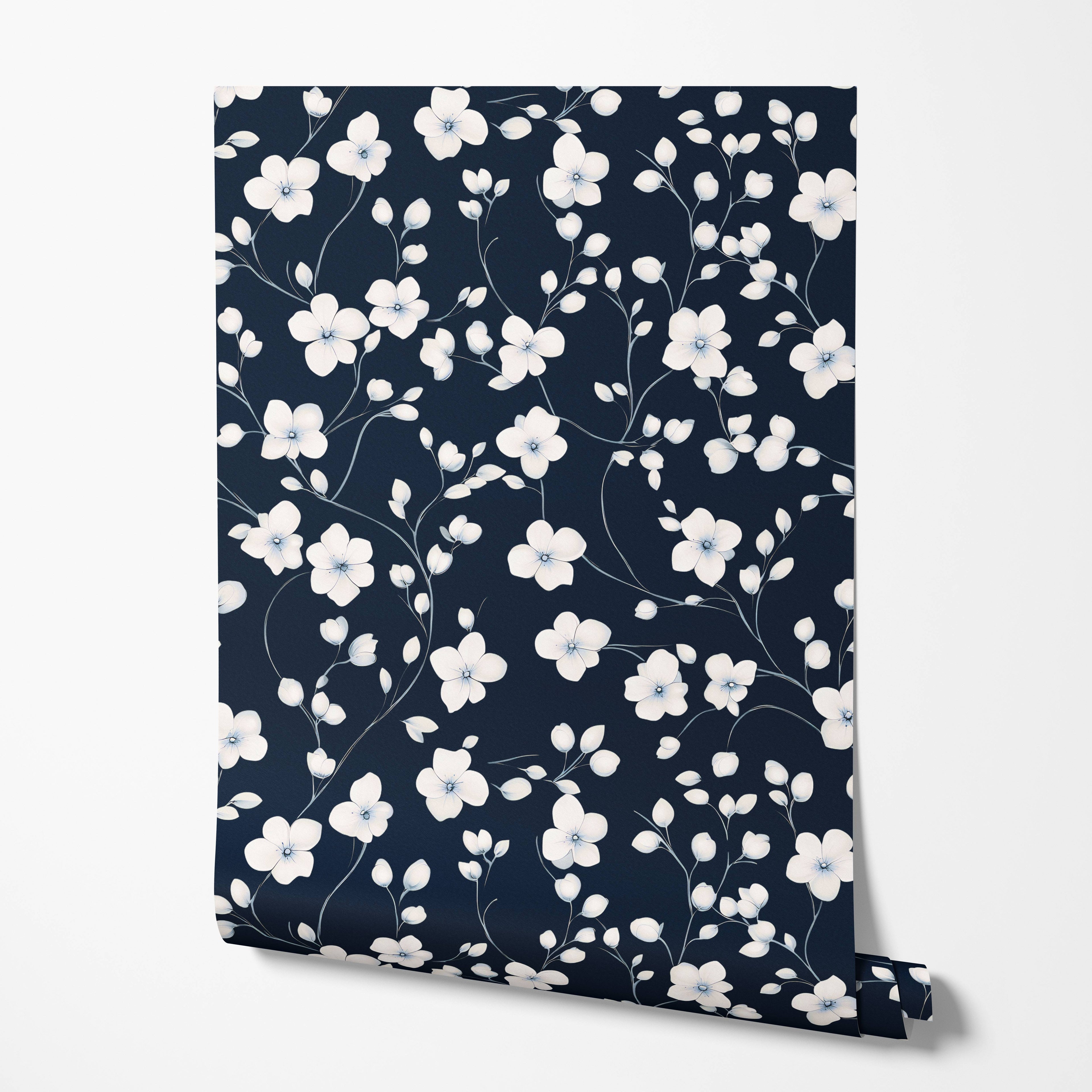Navy Blue Floral Wallpaper