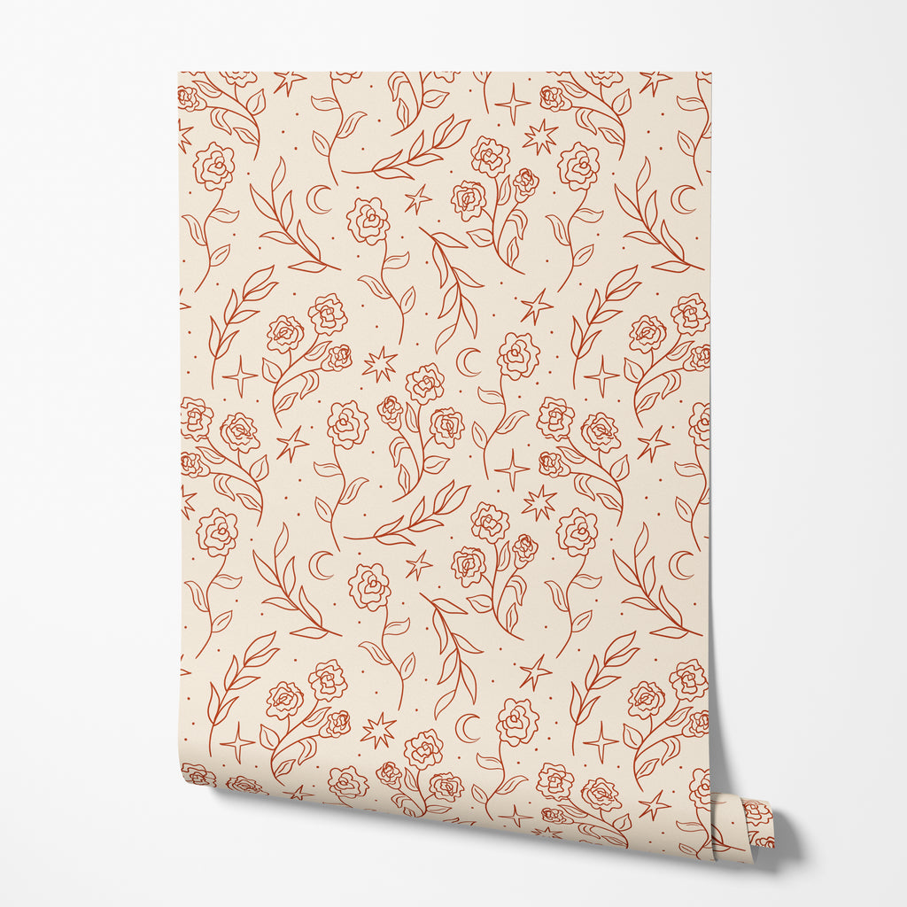 Beige with Rust Red Floral Wallpaper