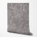 Taupe with White Magnolia Floral Wallpaper