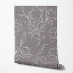 Taupe with White Magnolia Floral Wallpaper