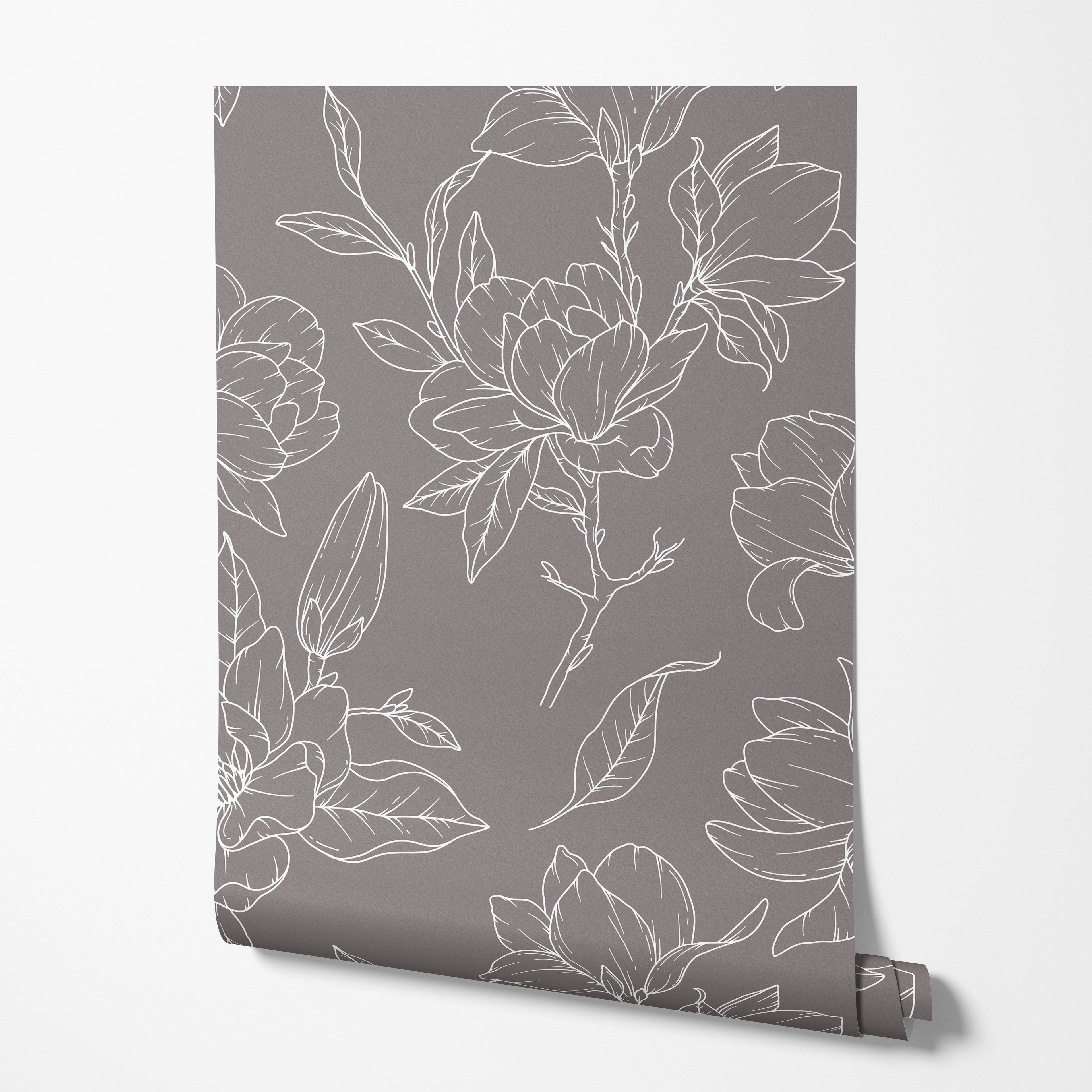 Taupe with White Magnolia Floral Wallpaper