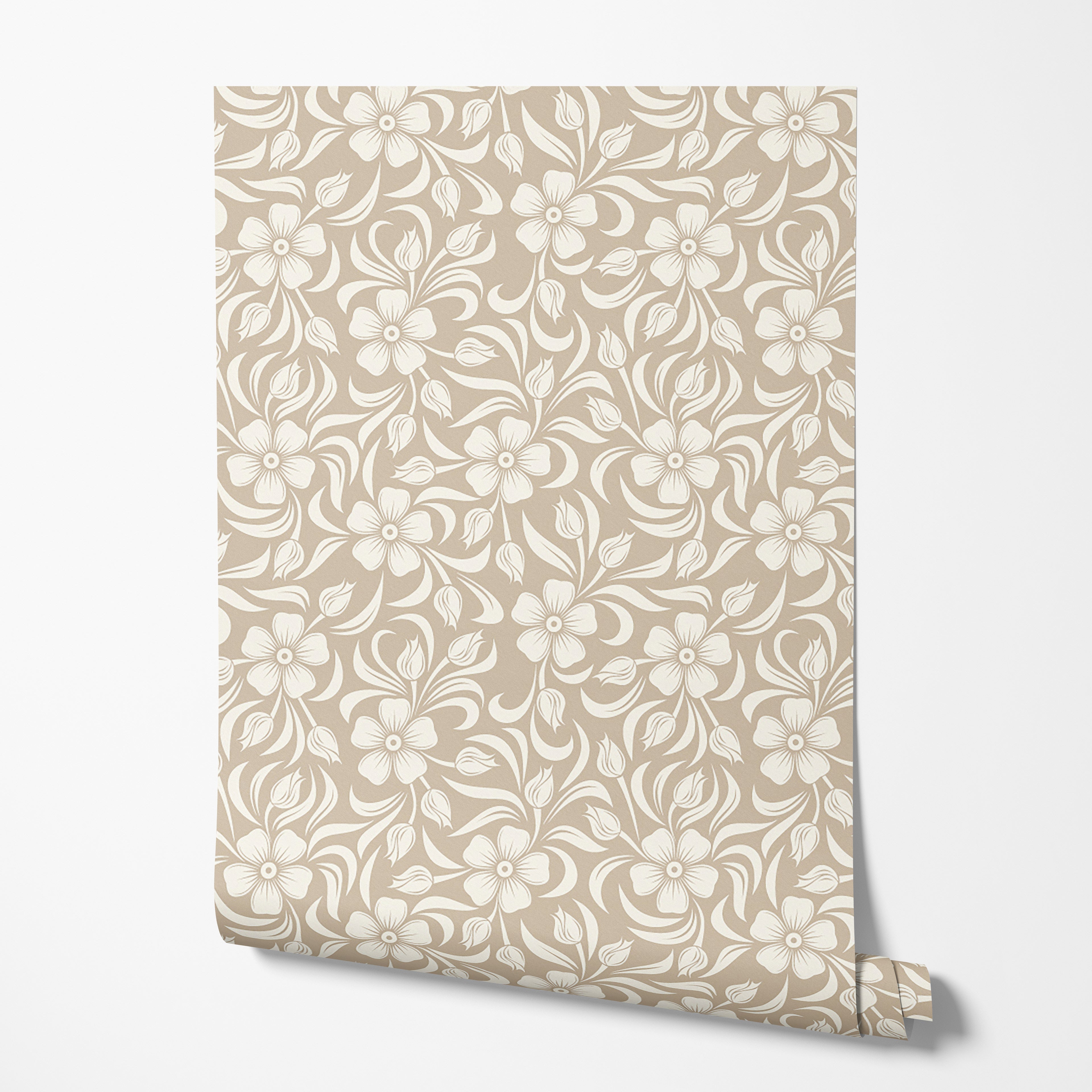 Beige Floral Damask Wallpaper