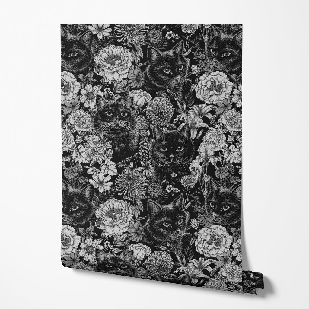 Black & White Floral Cat Wallpaper